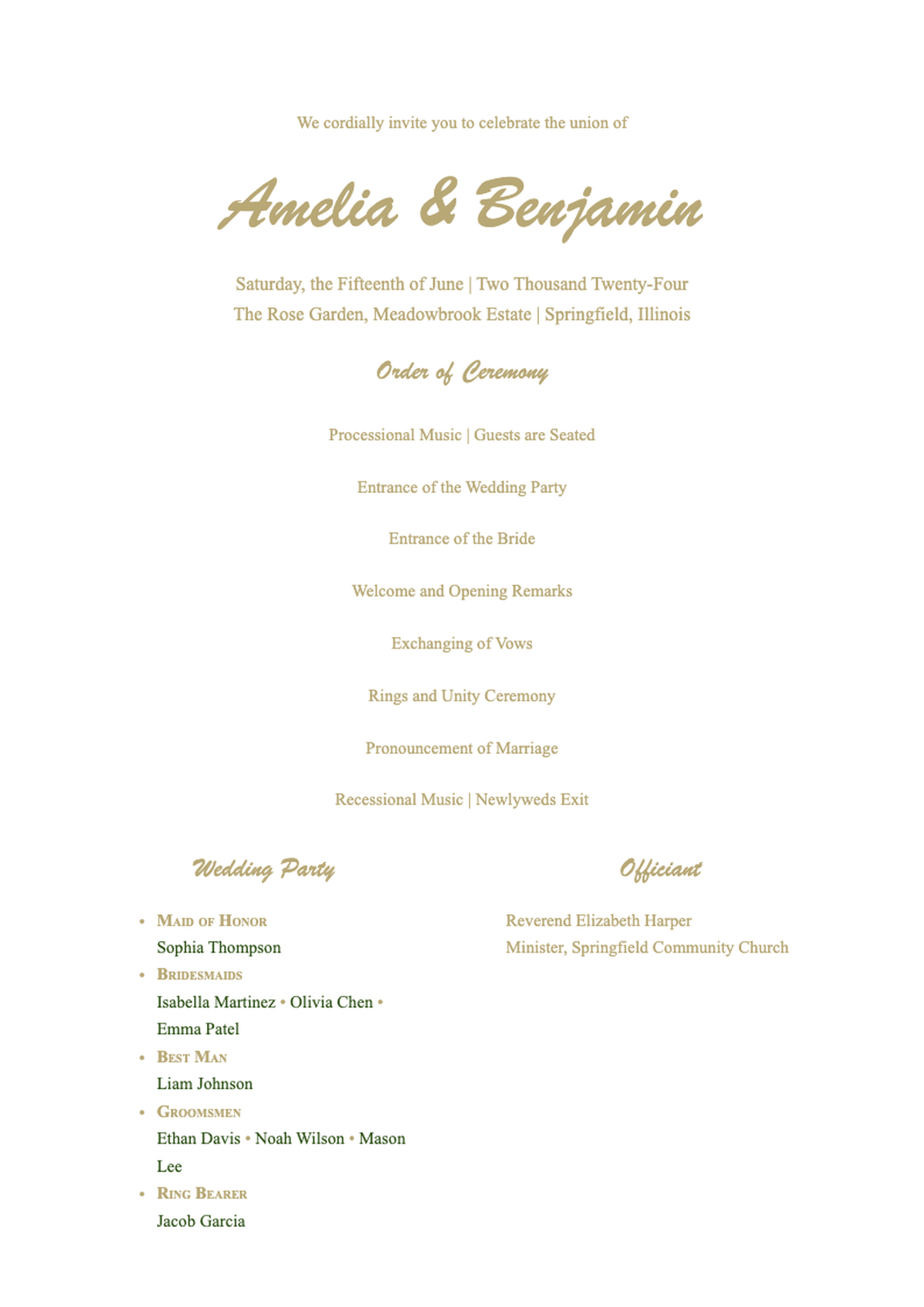 Elegant wedding program with green leaf border and gold script typography_variant_2